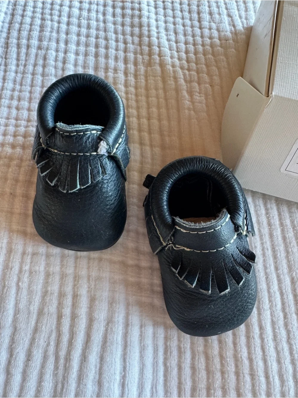 Freshly Picked Navy Leather Fringe Baby Moccasins